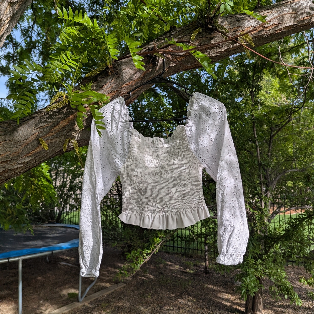 SHEIN White Smocked Ruffled Crop Blouse